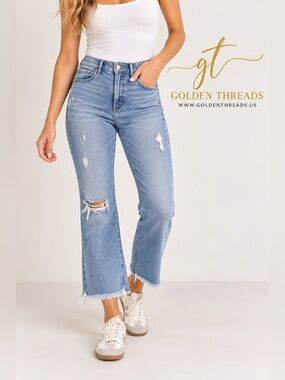 GT-0103 LOFT High Waist Flare Crop Jeans 30/10 Distressed Raw Hem Light Wash